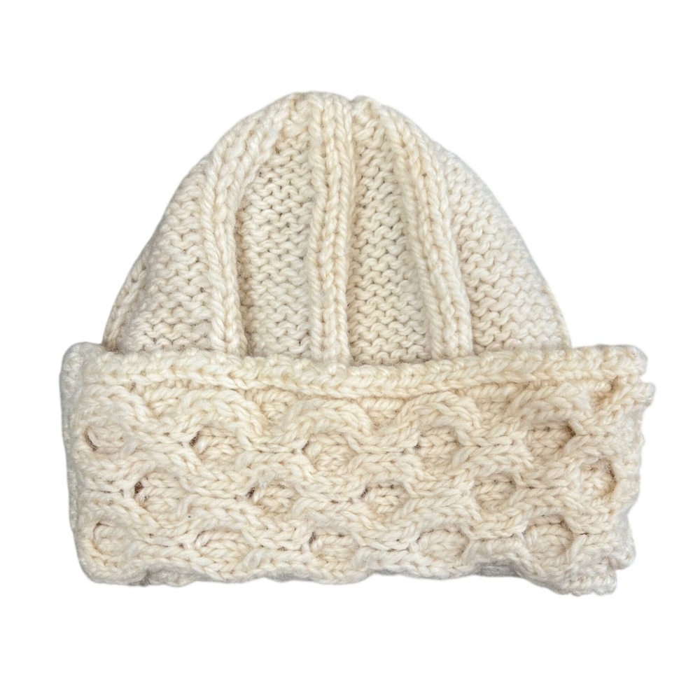 Eddie Bauer Vintage 100% Wool Cable Knit Beanie Hat Cream Made in Great Britain